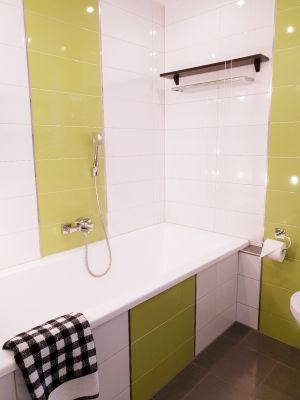 Im Bad befindet sich eine Wanne mit Duschvorhang, das WC und ein Waschbecken sowie ein Schränckchen