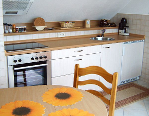 Wohnzimmer mit moderner Küchenzeile und Essplatz