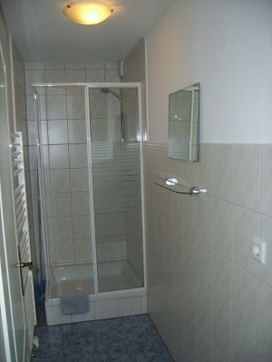 Die Dusche ist separat. Es befindet sich ein Handtuchheizkörper mit im Raum.