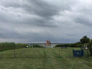 Hundespielwiese Wenn Sie einmal nichts unternehmen möchten, träumen Sie einfach vor sich hin und gehen ans Wasser.. Von Ihrer Ferienwohnung bis … zum Bodden gehen Sie nur ca. 50m über eine grüne Wiese bis zur Üferkante. Dort steht eine Bank die zum Verweilen einlädt. Beobachten Sie die Vögel, die von weitem vorbeifahrenden Boote, lauschen Sie auf das Plätschern der Wellen und das Rauschen des Windes im Schilf oder wenn es Abend wird beobachten Sie wie die Wolken vorbeiziehen... Werfen Sie die Angel aus...
