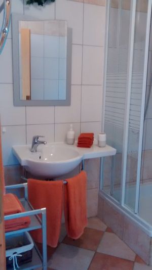 Apartment 1 Bad mit Dusche und WC. Handtücher, Duschvorleger, Fön sind vorhanden.