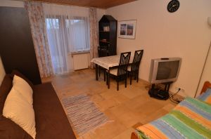 mit Tisch, Stühlen, Schlafcouch, TV und Zugang zur Terrasse
