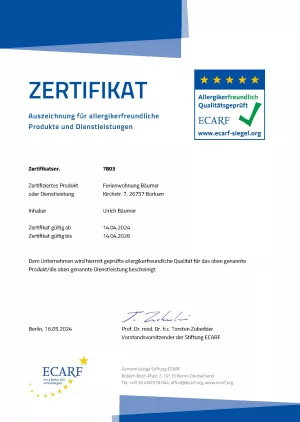 Die Ferienwohnung Bäumer ist als allergikerfreundlich zertifiziert.
