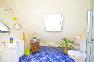 Bad mit Dusche, WC 
und Waschbecken