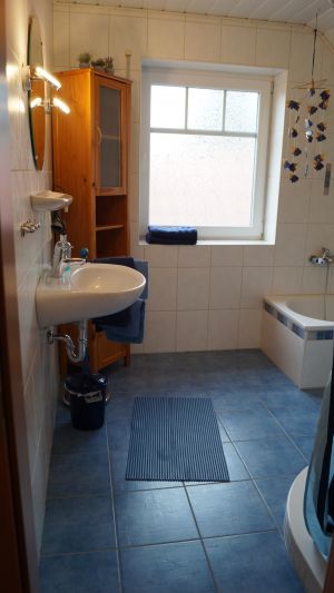 Badezimmer mit Dusche, Wannne und WC
Handtücher werden gestellt
Fön vorhanden