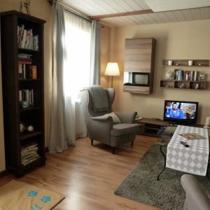 Wohnzimmer Das Bücherregal enthält immer neue Krimis und Romane aus der Bestsellerliste