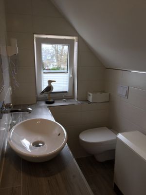 Bad mit Dusche, Waschtisch mit Aufsatzbecken, WC, Fön, Fenster...
