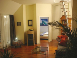Wohnraum mit Blick in das Schlafzimmer. Mit Pelletkamin