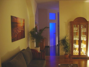 Blick aus Wohnraum in Wohnküche mit Bad/WC