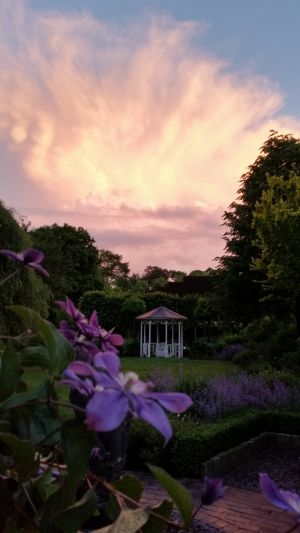 Der abendliche Blick von der Terasse in den Garten