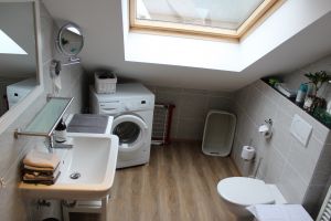 Badezimmer Hier steht auch die Waschmaschine.
Waschpulver bitte mitbringen.