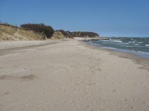 Hier sehen Sie einen kleinen Teil des sehr langen Strandes. Dieser Teil, den Sie direkt über den Zugangsweg erreichen, ist im Sommer der offizielle Hundestrand. Ansonsten können Sie den kompletten Strand nutzen, außer Mitte Mai bis Ende September.