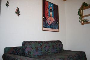 Mit Doppelschlafcouch und Einbauschrank.