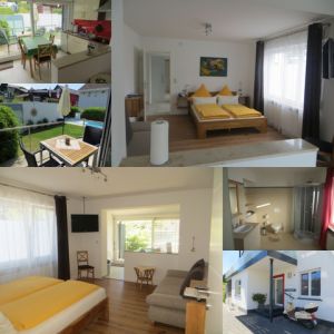 Ferienwohnung A im Erdgeschoß 1 Zimmer-Apartment: eigener Eingang, kombiniertes Wohn-Schlafzimmer mit integrierte Eßküche, Terrasse (halb überdacht), digital Flachbild TV, Doppelbett 1,60x2,00 m und Schlafcouch, offener Einbaukleiderschrank und Regal im Flurbereich, Safe, Staubsauger, großes Tageslichtbad mit Dusche/WC.