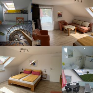 Ferienwohnung B im Dachgeschoß 1 Zimmer-Apartment mit kombiniertem Wohn-Schlafzimmer (Doppelbett 1,80x2,00 m, Schlafcouch) Flachbild TV, Wecker, großer Balkon. Separate Wohn-Eßküche mit Blick zum Weinberg, kleines Bad mit Dusche/WC. Kleiderschrank, Safe und Garderobe im Flurbereich.