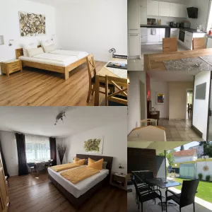 2-Schlafzimmer Ferienwohnung im EG ca. 80 qm mit großer Wohn-Eß-Küche.
Ausstattung: 2 Schlafzimmer mit jeweils DU/WC, SAT TV und Zugang zur überdachten Terrasse, Doppelbetten (je 1,80 x 2,00 m), großes Bad , komplett ausgestattete große Wohn-Eß-Küche mit Sitzgelegenheit, Terrasse mit Treppenabgang zum Garten/Pool