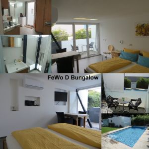Ferienwohnung D Bungalow separates Gebäude zwischen Schützenstraße und Haupthaus gelegen ca. 31 qm Ausstattung: kombiniertes Wohn-Schlaf-Eßzimmer mit abtrennbarer Küche, Terrasse mit Ausgang Richtung Pool(überdacht, Bad mit DU/WC