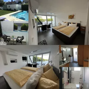 separates Gebäude zwischen Schützenstraße und Haupthaus gelegen ca. 31 qm Ausstattung: kombiniertes Wohn-Schlaf-Eßzimmer mit abtrennbarer Küche, Terrasse mit Ausgang Richtung Pool(überdacht, Bad mit DU/WC