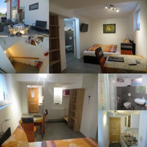 Kellerstudio F Pilgers Home im Kellergeschoss, ohne Aussicht (Fenster mit Lichtschacht) für Kurzurlaube (1-4 Nächte) geeignet. Ausstattung:Schlaf-Eß-Zimmer, Doppelbett 1,60x2,00 m, Single-Küche, Bad (DU/WC), kontrollierte Belüftung, zusätzliches Entfeuchtungsgerät, steile Kellertreppe