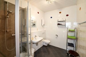 Bad mit DU, WC, Fön, WC-Papier und Handtüchern.