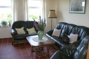 Wohnzimmer Das Wohnzimmer ist mit einer Ledergarnitur ausgestattet. 2-Sitzer, 3-Sitzer und ein Sessel.
Ein großer Flachbildfernseher ist vorhanden