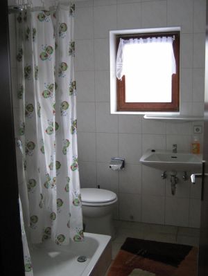 kleines Bad mit Dusche, WC und Waschbecken