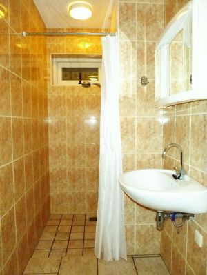 Badezimmer am Erdgeschoss mit Dusche, WC, und Waschbecken