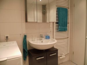 Das Badezimmer Hier sehen Sie das moderne Bad mit Fußbodenheizung, Handtuchwärmer, Spiegelschrank und einer Waschmaschine.
