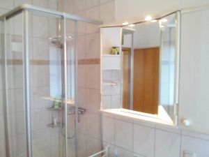 Ferienhaus EifelNest Tageslicht Badezimmer Das Badezimmer verfügt über 1 Dusche, Waschbecken, großer beleuchteter Spiegelschrank, WC, 1 Abstellschrank (mit Waschmaschine).