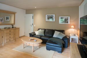 Pinienholzmöbel, bequemes neues Sofa (2023) , Flatscreen TV, warme Farben, Parkettfußboden