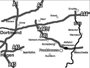 Aus Richtung Ruhrgebiet ist es am einfachsten, wenn Sie über die A44, dann ab Kreuz Werl die A445/A46 in Richtung Meschede fahren. 

Aus Richtung Kassel (Über A44) die Ausfahrt Erwitte nehmen und über die B55 in Richtung Meschede, dann über die A46 in Richtung Arnsberg fahren. 

Dann: Fahren Sie an der Ausfahrt Wennemen von der A46 ab und dann in Richtung Arnsberg/Freienohl. 

In Freienohl folgen Sie der Hauptstrasse bis zur Araltankstelle, an der Sie in Richtung Schmallenberg abbiegen. Nun fahren Sie durch das Dorf Olpe (nicht mit der Stadt am Biggesee verwechseln). Kurz vor Ortsausgang die Vorfahrtstraße Richtung Hellefeld/Sundern (halbrechts) verlassen. Nun etwa 2,5 Kilometer immer geradeaus bis das Ortsdurchgangsschild (grün) Frenkhausen erscheint.