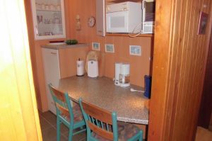 Kochplatten, 
Spüle, 
Spülmaschine, 
Mikrowelle, 
Kühlschrank, 
Backofen, 
Geschirr, 
Besteck