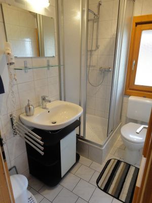 Duschbad mit fester Duschabtrennung, Waschbecken und WC