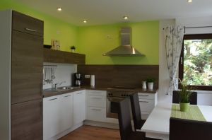 Die moderne und zum Wohnraum hin offene Einbauküche