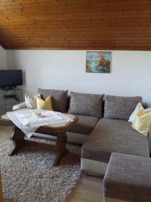 Das Wohnzimmer ist mit einer ausziehbaren Wohnlandschaft ausgestattet