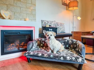 OG gemütliches großes Wohnzimmer Das gemütliche Wohnzimmer ist mit einem großem hochwertigen Ecksofa, großen Smart-TV, Schreibtisch, Leselampe, Elektrokamin, und einem Hundebett ausgestattet.