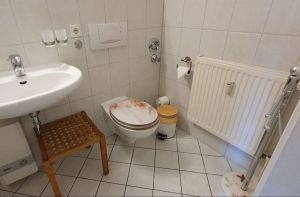 mit Toilette, Waschbecken und Dusche