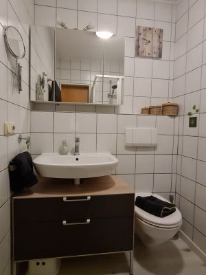 Bad Bad mit Waschbecken, WC und Dusche. Es ist ein Fön für unsere Gäste vorhanden.