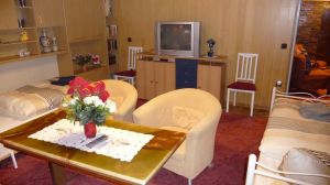 Im Wohnzimmer gibt es einen Fernseher mit DVD-Player.
