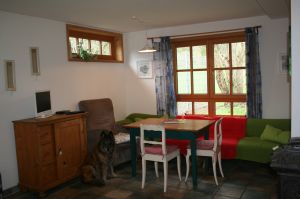 Wohnraum mit Essecke, TV, Blick in die Natur