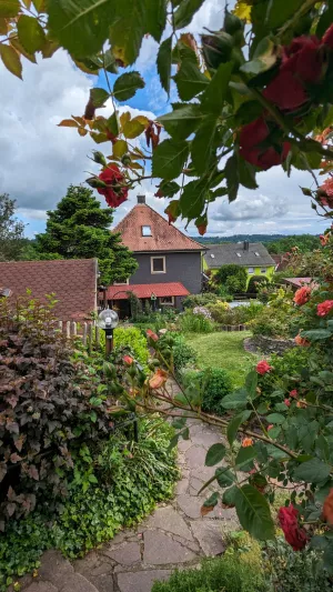 Blick vom großen eingezäunten Garten zum Ferienhaus - links ist Ihr Carport