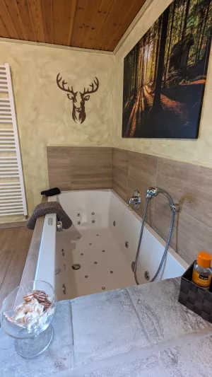 Badezimmer mit bodengleicher Dusche, Whirlpoolbadewanne, Waschbecken, WC