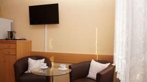 Schlafzimmer zusätzlich ausgestattet mit TV und einem kleinen Kühlschrank