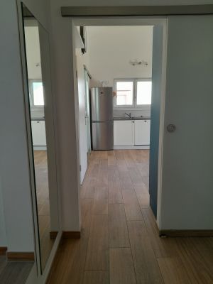 In der gesamten Ferienwohnung gibt es platzsparende Schiebetüren ... hier ist der Blick vom Zwischenraum in die Küche zu sehen.