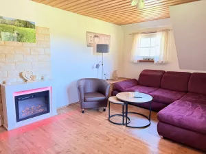 gemütliches Wohnzimmer mit Elektrokamin Bild 7: Wellness Ferienhaus Schwarzwaldhaus Zwink Enzklösterle Sauna BBQ Garten