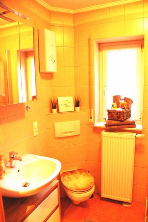 mit großer Glasdusche (0,90 x 0,90m), Spiegelschrank, Fön, Kosmetikspiegel, Waschmaschine & Trockner