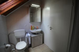 Die Bäder Zwei Badezimmer haben eine Dusche, ein Badezimmer hat eine Badewann mit Duschvorhang.