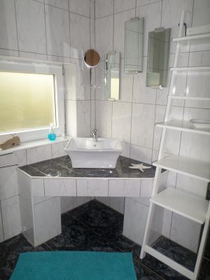 Duschbad am Schlafzimmer Dieses Duschbad ist nur über das Schlafzimmer zu erreichen. Hier befindet sich ein Waschbecken, ein Spiegel und ein Leiterregal als Ablage. Dieses Zimmer hat einen Heizkörper sowie Fussbodenheizung.