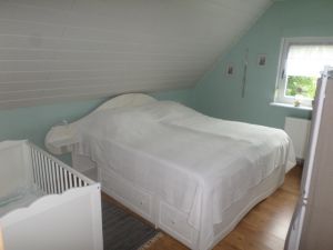 Schlafzimmer Obergeschoss Hier finden sie ein Doppelbett, ein Gitterbett für Kleinkinder sowie ein Kleiderregal. Die grossen Schubfächer unter den Betten können als Stauraum genutzt werden.