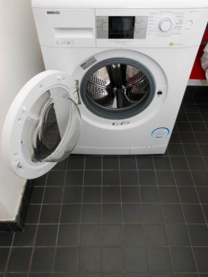 Waschmaschine und ein Wandtrockner befinden sich im Duschbad